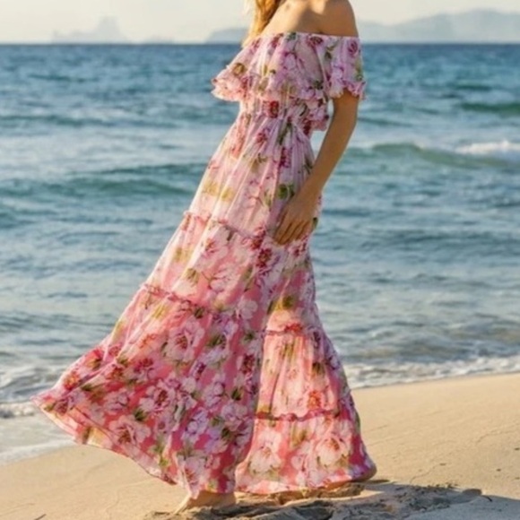 Miss June Paris Pink Floral Off-Shoulder Maxi Dress - Picture 1 of 14